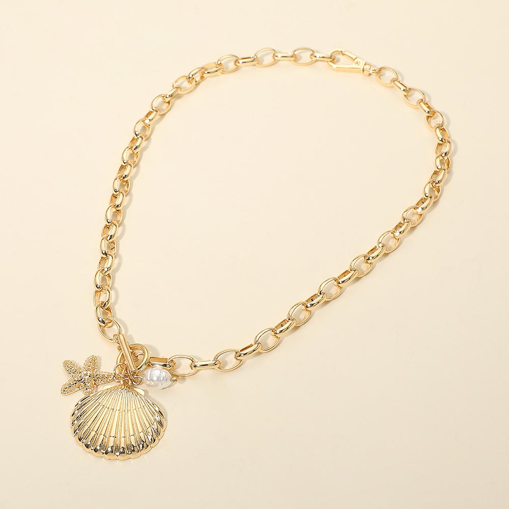 Seashell Starfish Pearl Charm Toggle Chunky Chain Necklace | 18" Gold Coastal Statement Necklace for Women