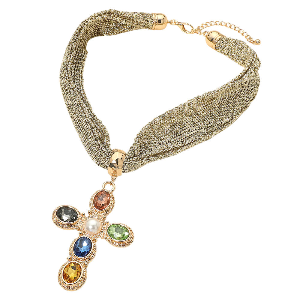 Pearl Center Oval Stone Embellished Cross Pendant Accent Mesh Chain Statement Necklace Elegant Faith Inspired Statement Necklace for Women