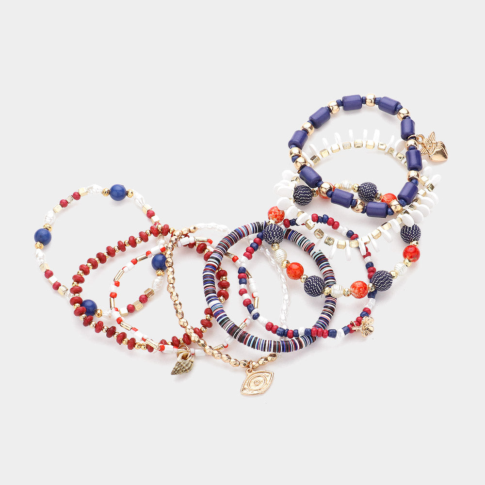 9pcs Shell Metal Evil Eye Heart Charm Beaded Stretch Multi Layered Bracelet Set Boho Stackable Bracelet Set for Women