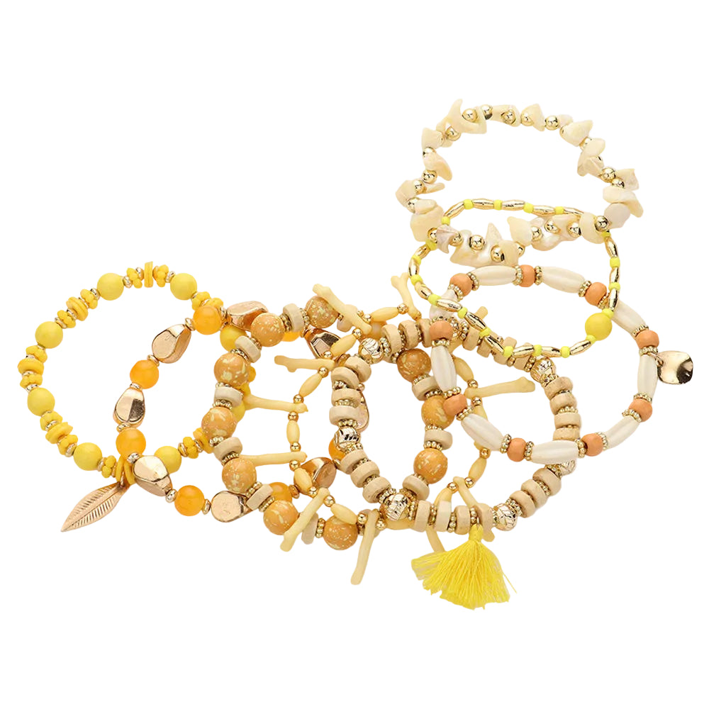 8pcs Boho Wood Bead Leaf Tassel Charm Bracelet Set