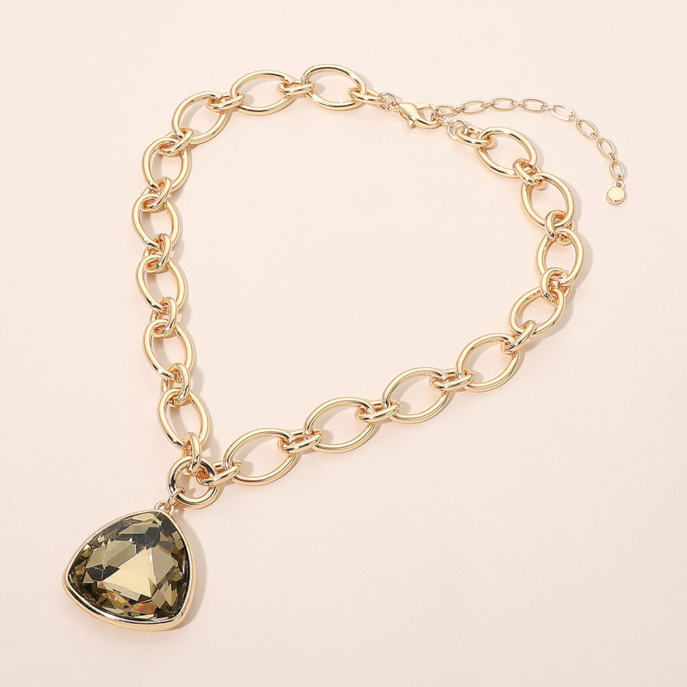 Chunky Gold Chain Necklace with Trillion-Cut Smoky Crystal Pendant