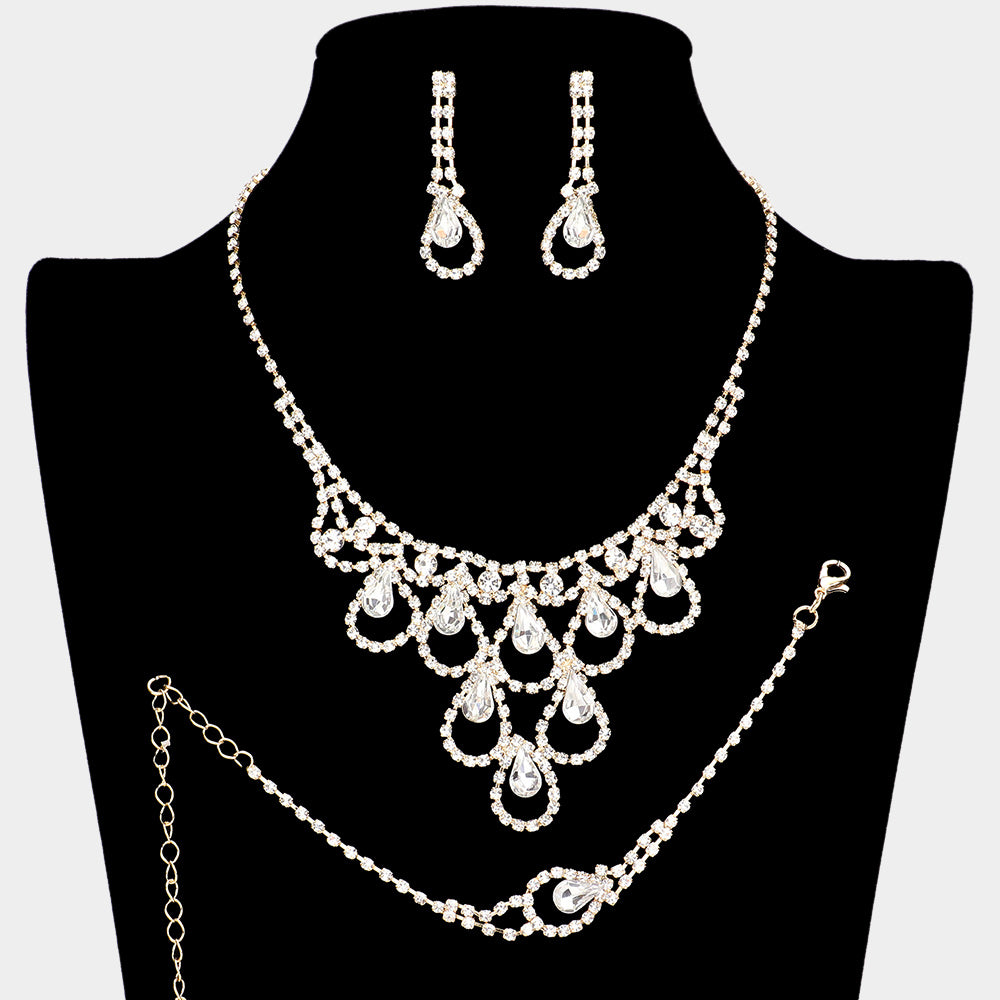 3PCS Teardrop Stone Accented Rhinestone Necklace Jewelry Set for Women Bridal Wedding Prom Statement Jewelry