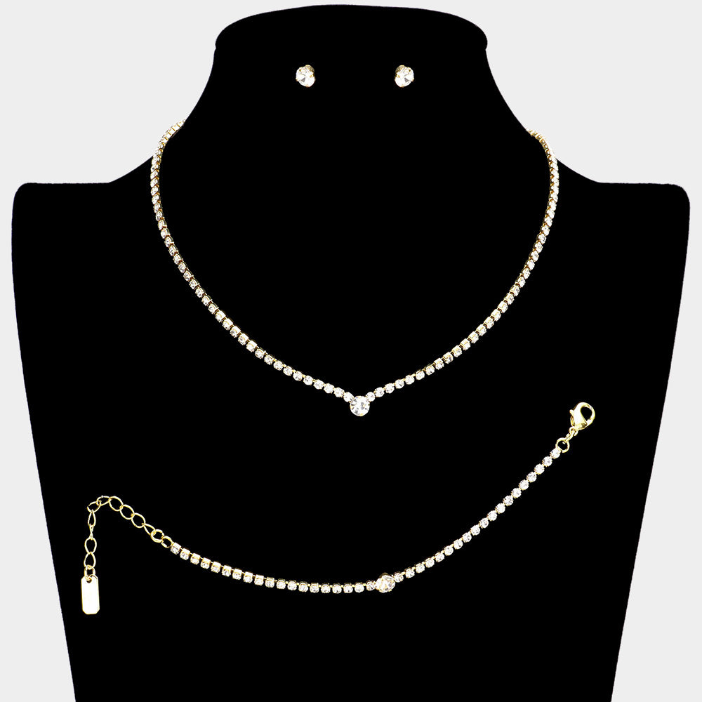 3PCS Silver Pave Crystal Rhinestone Marquise Necklace Jewelry Set for Women