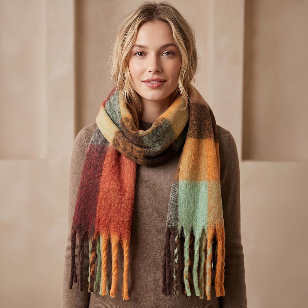 Multicolor Plaid Fringe Scarf – Autumn Color Block Wrap for Women