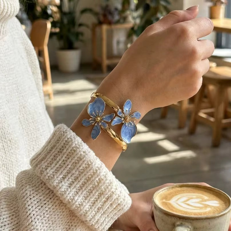 Enamel Flower Cuff Bracelet Gold Tone Floral Statement Jewelry