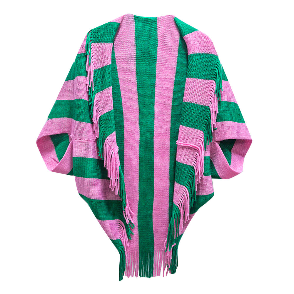Pink and Green Striped Fringed Ruana Wrap