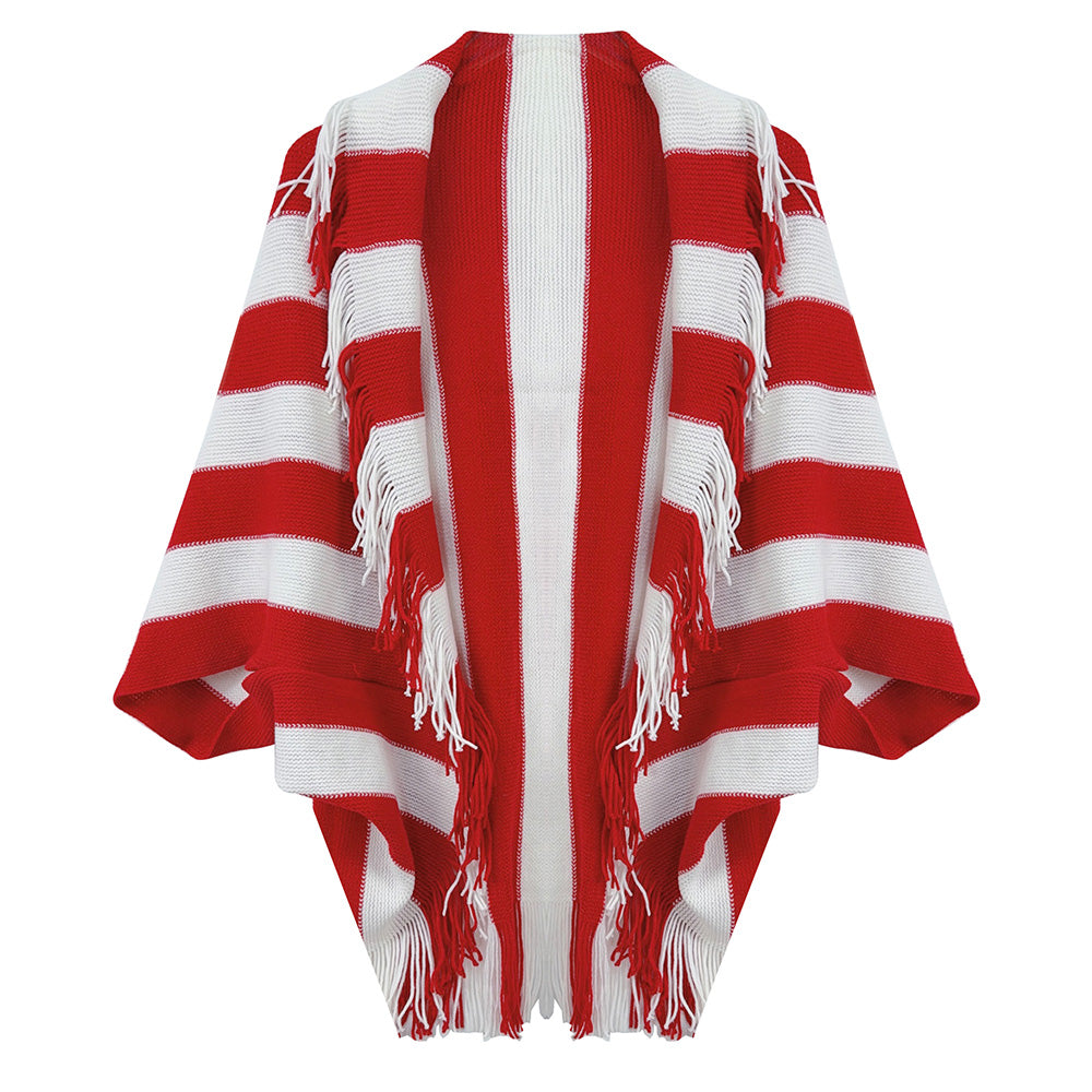 Red and White Striped Fringed Ruana Wrap