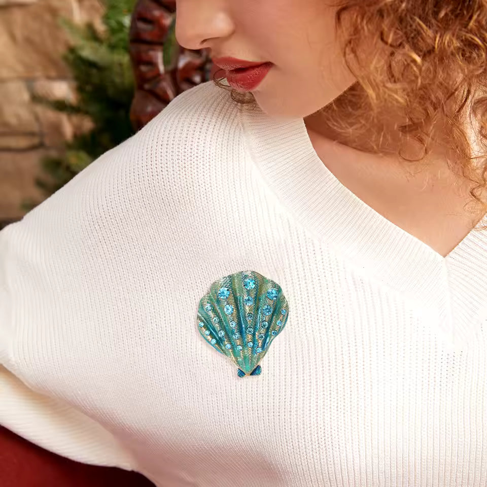 Seashell Brooch Pin Blue Enamel Crystal Statement Accessory