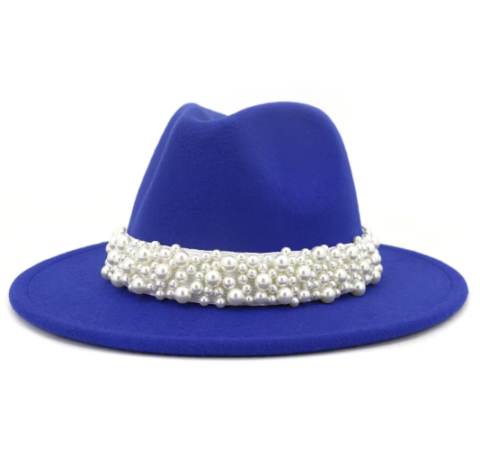 Jazz Fedora Hat Pearl Band White Felt Wide Brim