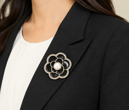 Pearl Camellia Flower Brooch Pin Set – Black & White Enamel