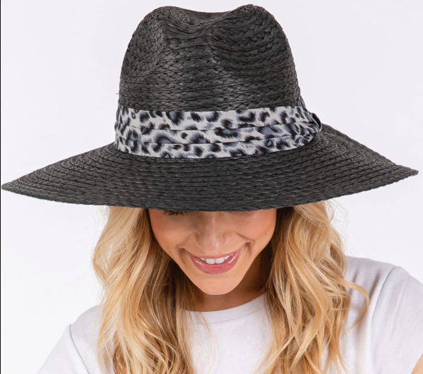 Women's Straw Sun Hat with Leopard Band