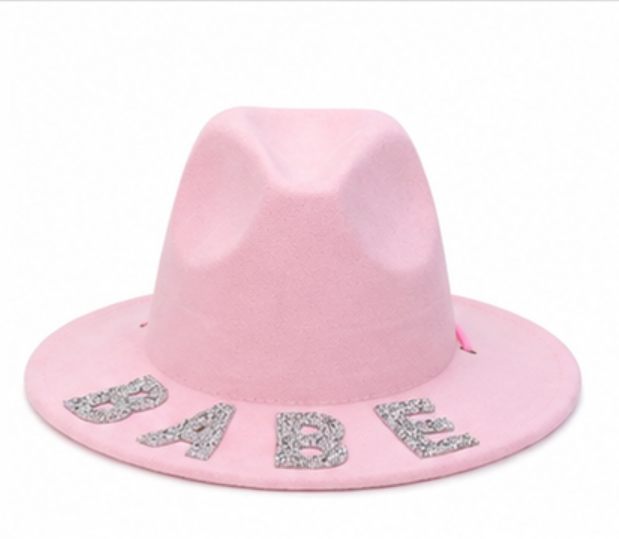 Pink "BABE" Rhinestone Fedora Hat - Wide Brim Western Style with Adjustable Fit