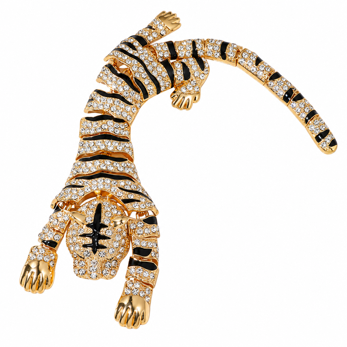 Oversized Rhinestone Tiger Brooch with Black Enamel Stripes