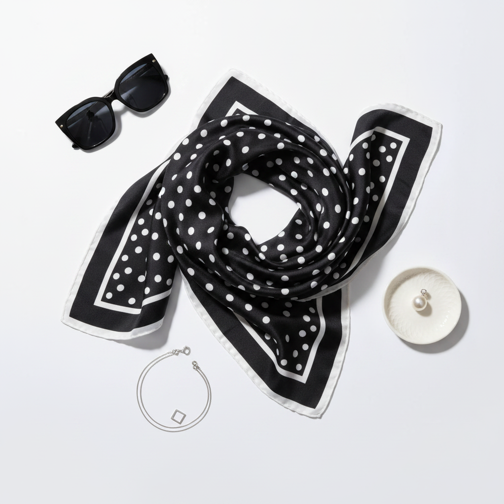 Black polka dot scarf flat-lay
