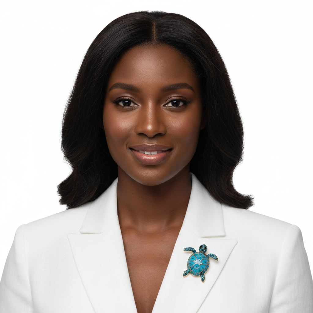 Black woman wearing blue sea turtle brooch - front