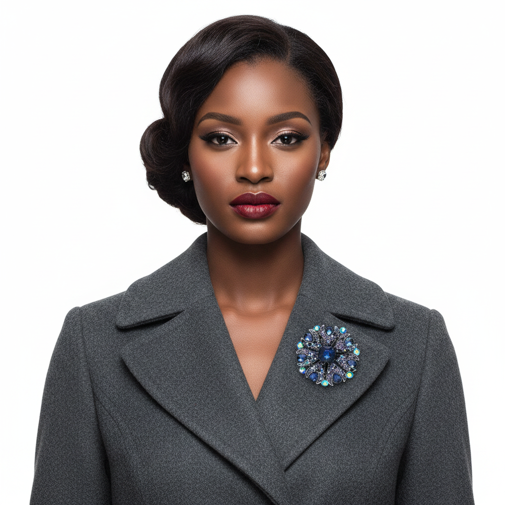 Blue Crystal Brooch – Black Woman, Wool Coat