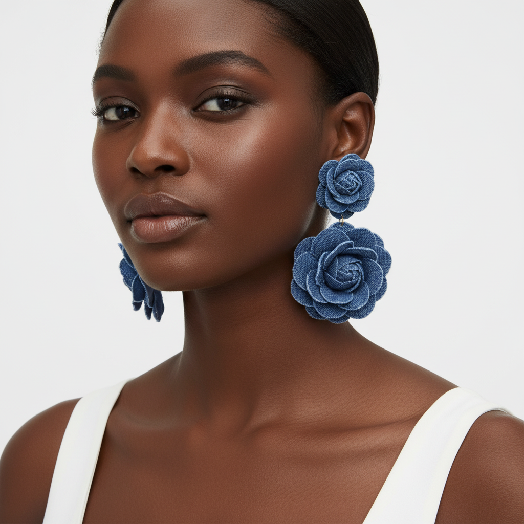 Blue Denim Rose Earrings – Front Lifestyle