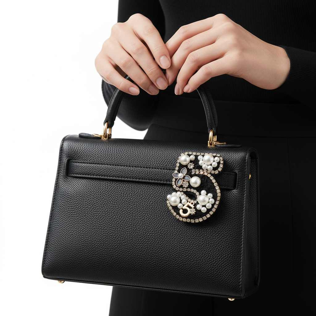 Brooch pinned on handbag strap