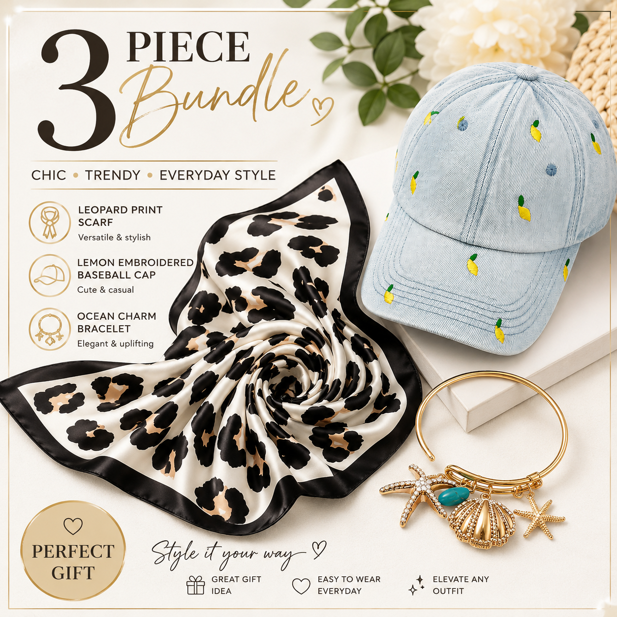 Coastal Summer Accessories Set Lemon Cap Leopard Scarf Starfish Bracelet