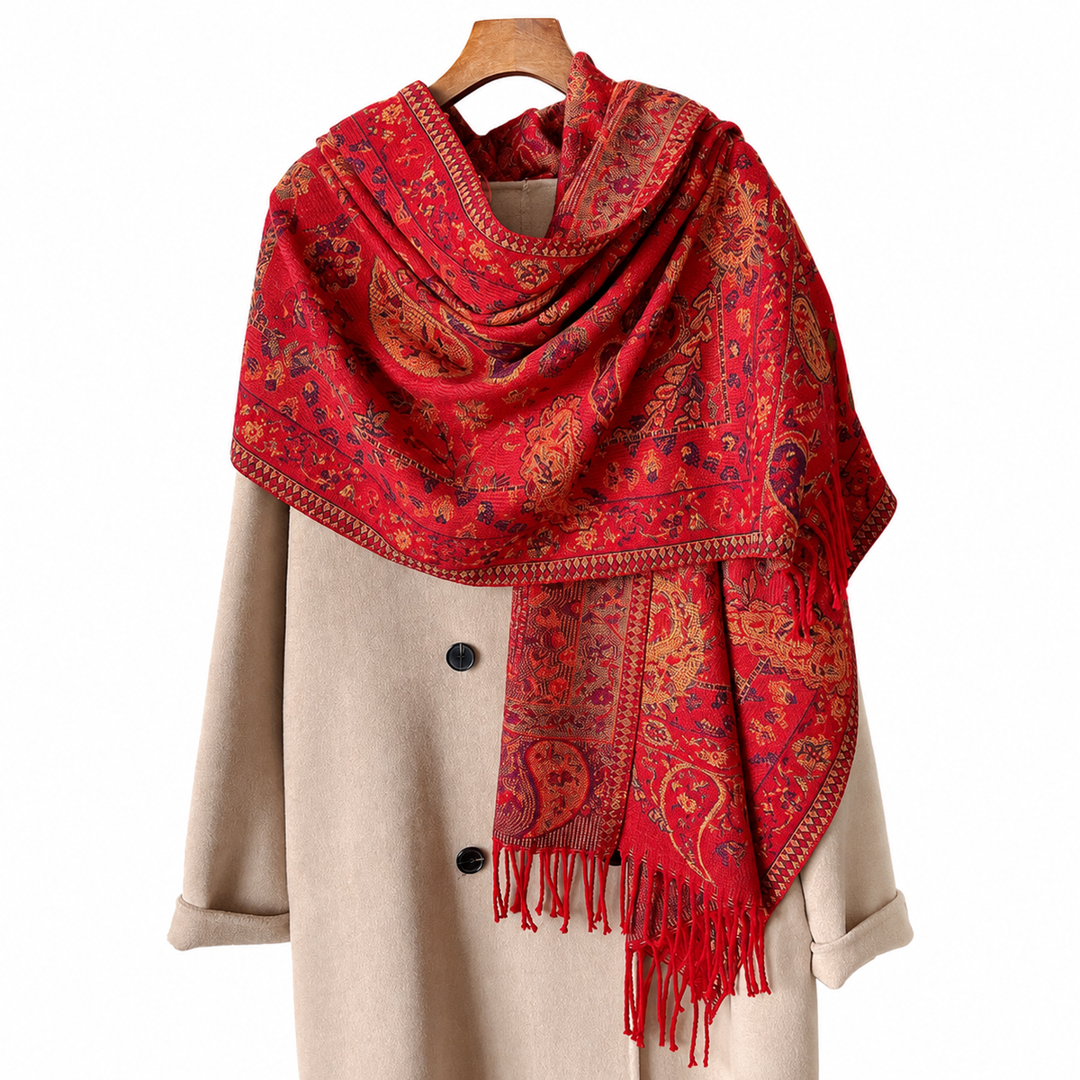 Red Paisley Pashmina Scarf | Cashmere-Feel Reversible Shawl Wrap with Tassels