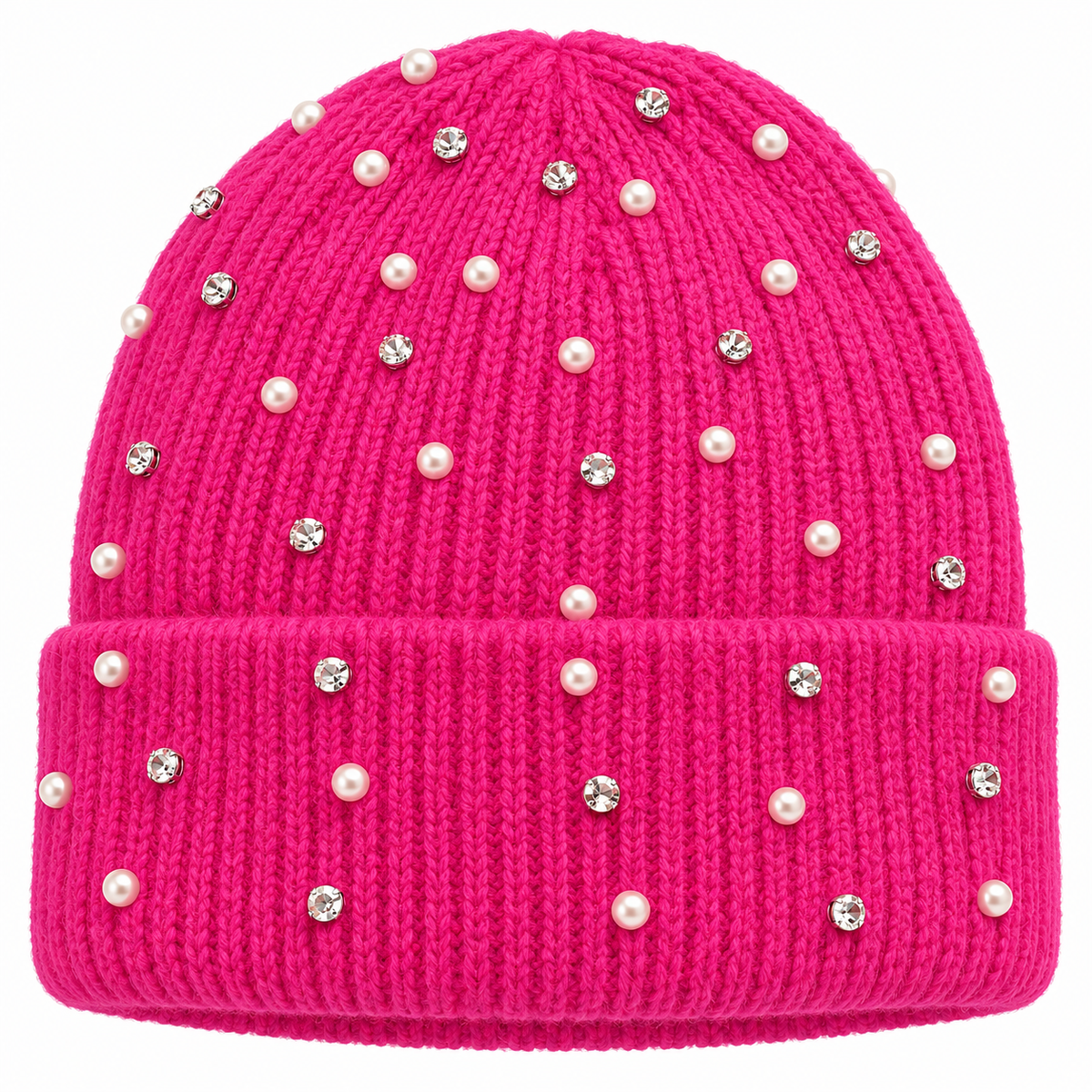 Hot Pink Pearl & Rhinestone Embellished Ribbed Beanie