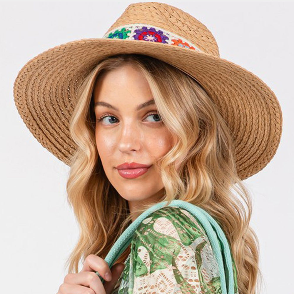 Handmade Floral Crochet Band Straw Hat