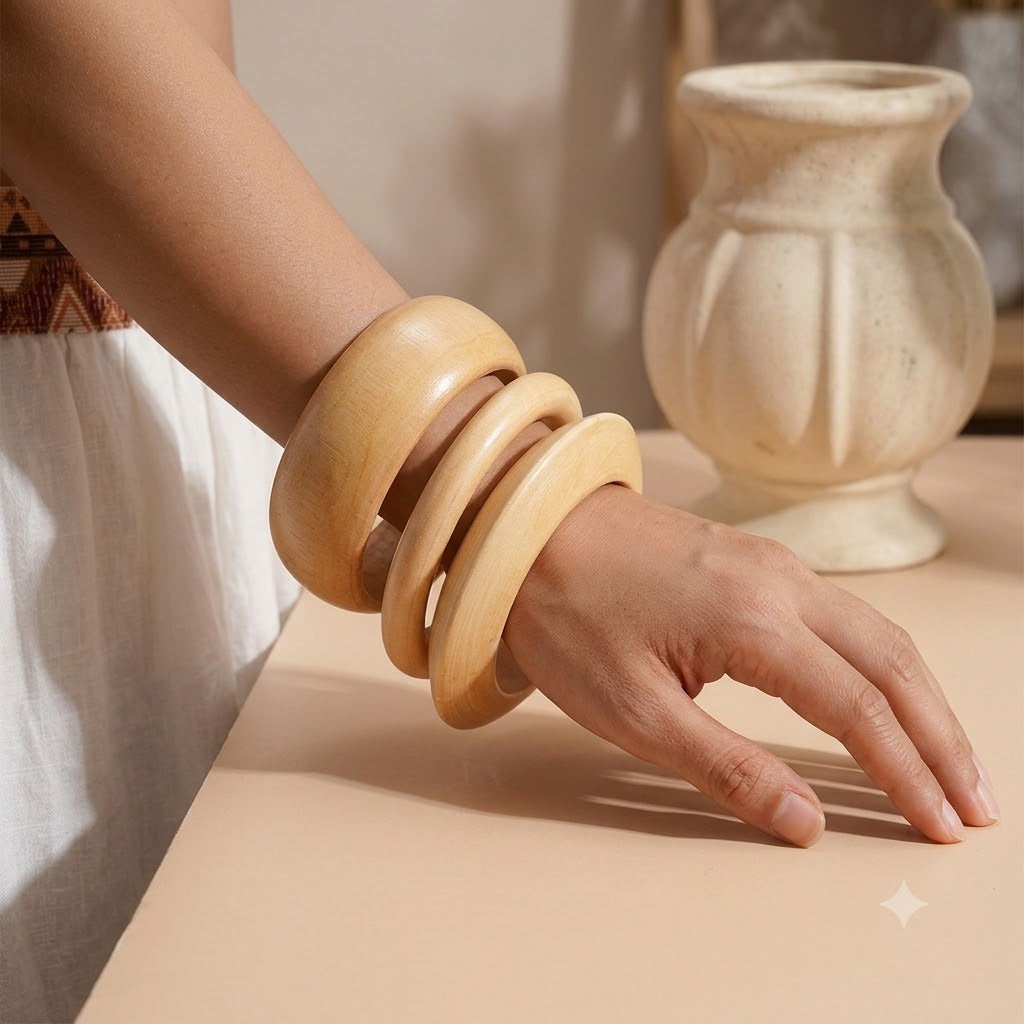 3pc Wood Wide Bangle Set Coffee Solid Pattern Natural Boho Fashion Bracelets