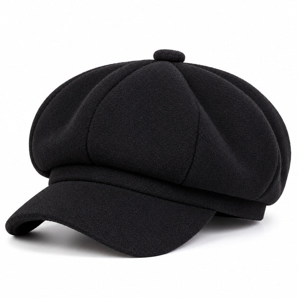 Women's Black Newsboy Cap - Eight-Panel Baker Boy Hat
