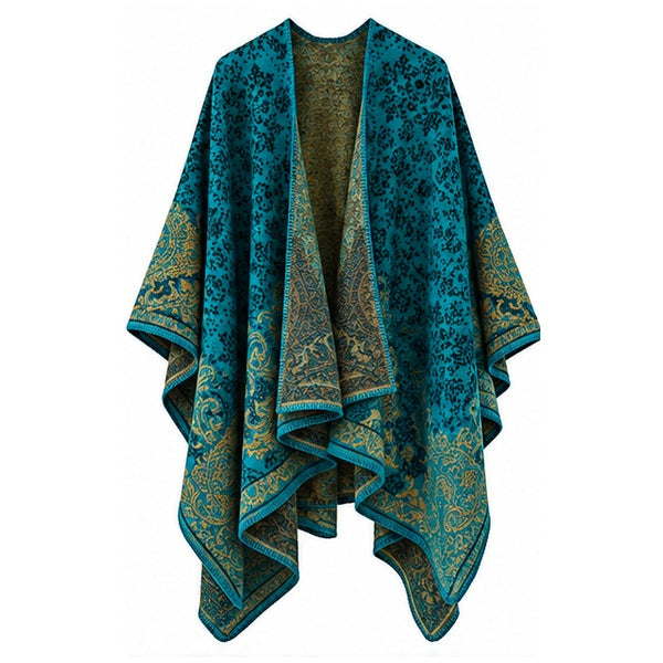 Oversized Teal & Gold Floral Shawl Wrap for Women