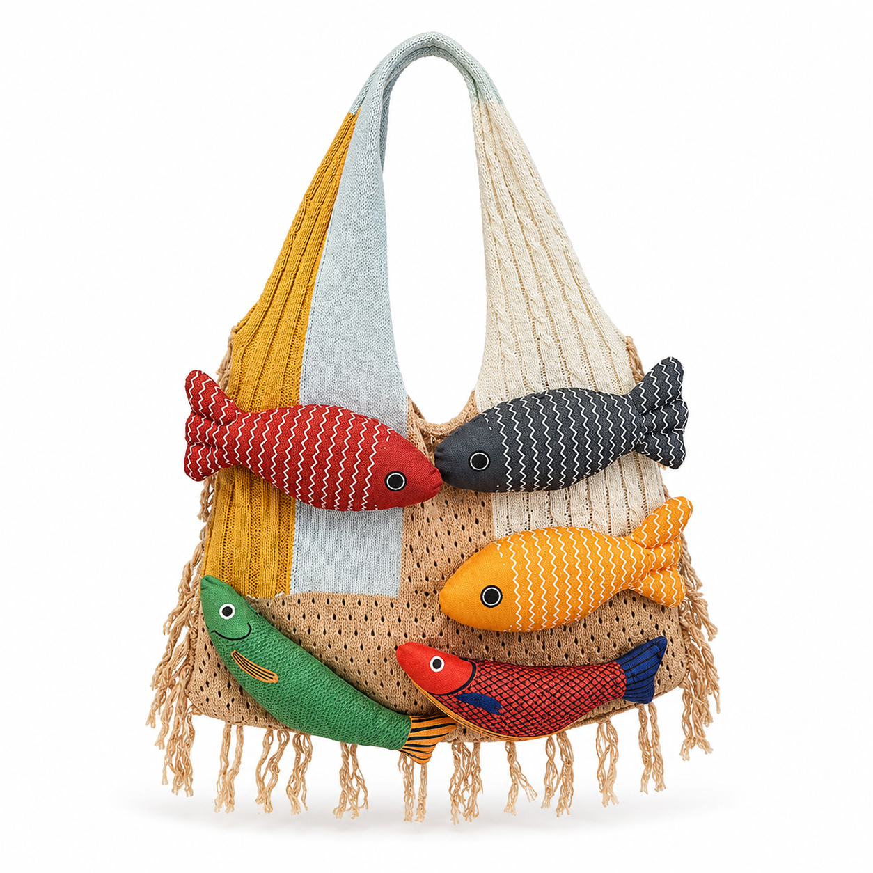 Hand-Knit Patchwork Fish Tote Bag | 14" x 13" Boho Shoulder Bag