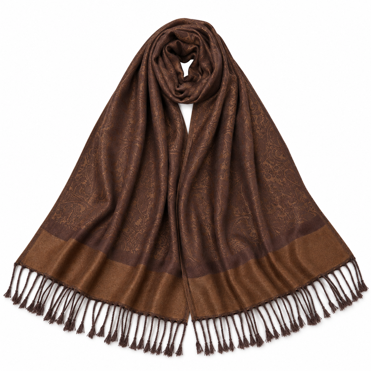 Brown Paisley Jacquard Pashmina Shawl Wrap | 35" x 71" | Fringed Winter Scarf for Women