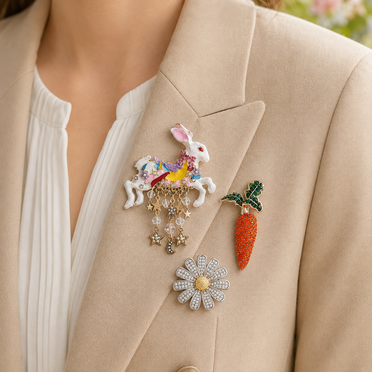 Rhinestone Brooch Set of 3 – Crystal Carrot, Daisy Flower & Unicorn Rabbit Pin Set