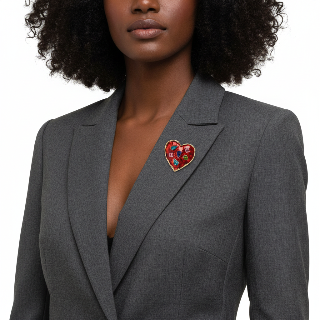 Front view: Black woman wearing the red enamel heart brooch on a blazer lapel