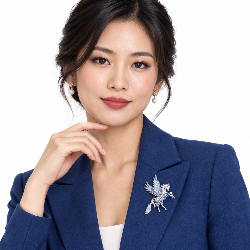 Front view lifestyle shot of the Pegasus brooch pinned to a blazer lapel, worn by an Asian woman, white background