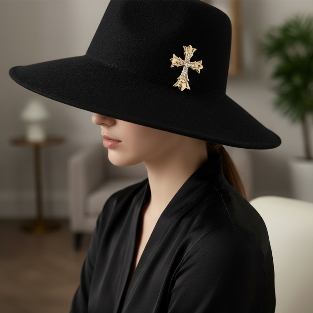 Gold Gothic Cross Brooch on Wide-Brim Hat