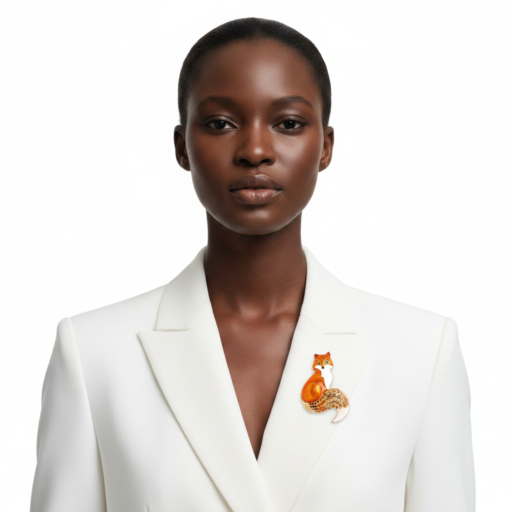 Black woman wearing gold-tone orange enamel sitting fox brooch pin on white blazer lapel