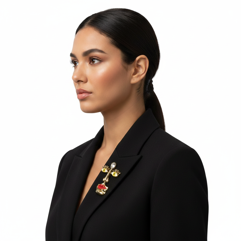 Abstract face brooch pin pinned to black blazer lapel — side view lifestyle
