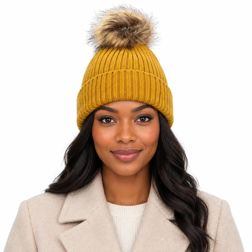 Front view of model wearing mustard yellow ribbed knit beanie with faux fur pom pom