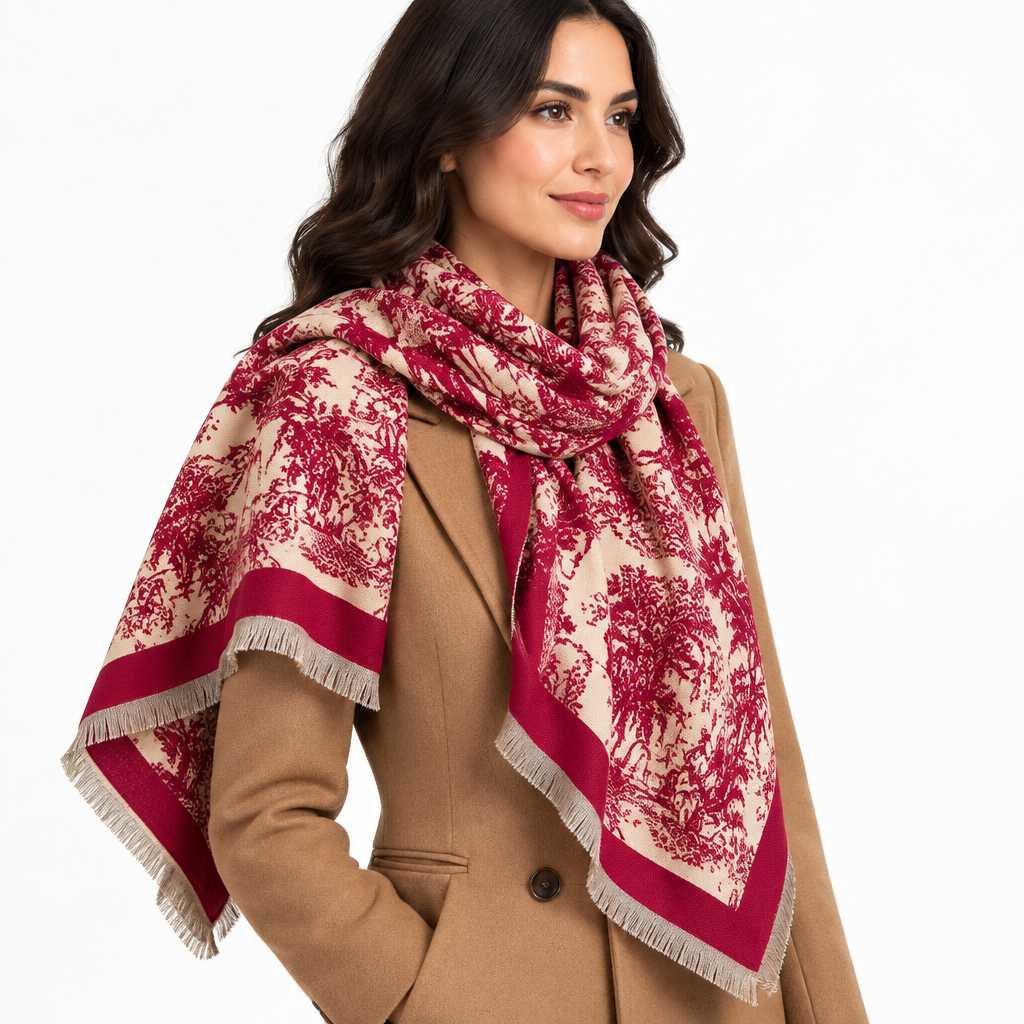 Side view of woman wearing burgundy and beige Toile de Jouy fringed scarf