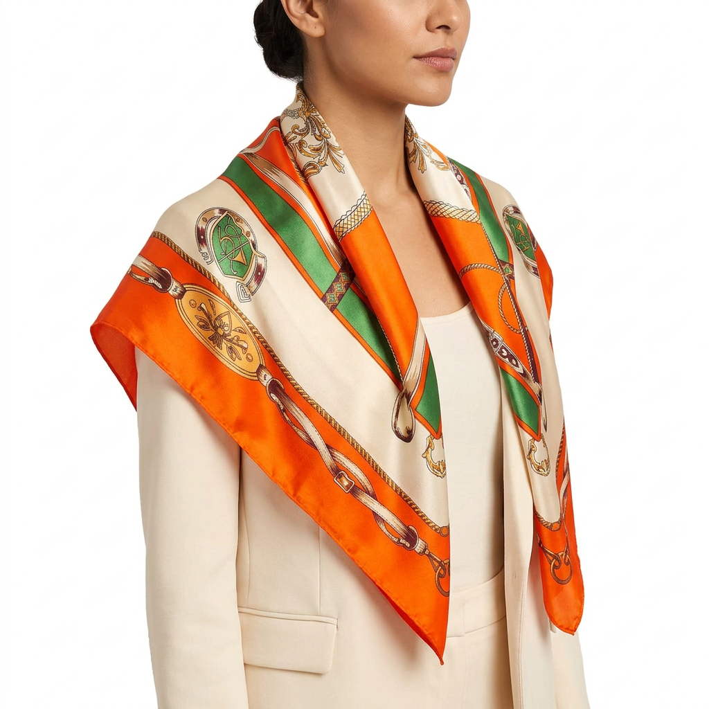 Side view of a model wearing the orange chain print satin square scarf draped around her neck and shoulder