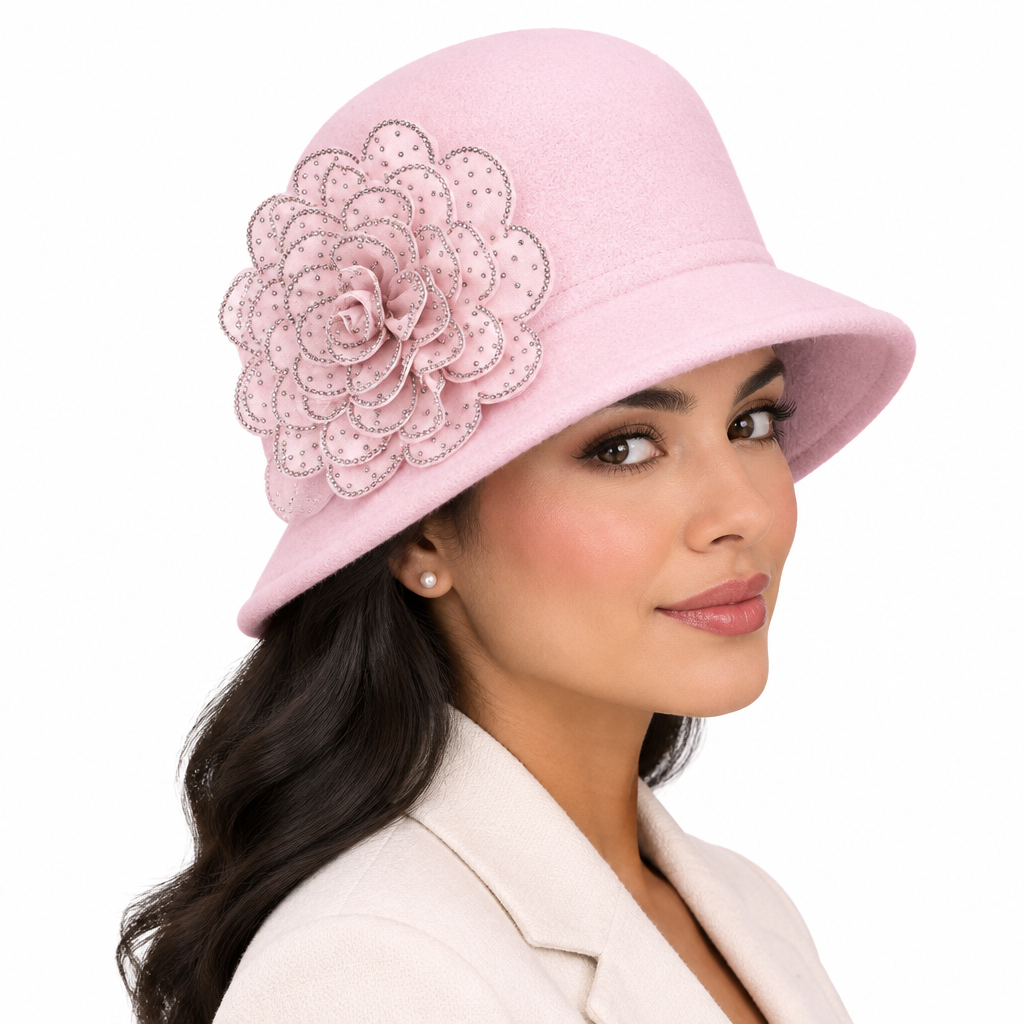 Side view of a Hispanic woman wearing the pastel pink wool felt cloche hat with crystal rhinestone floral accent, white background
