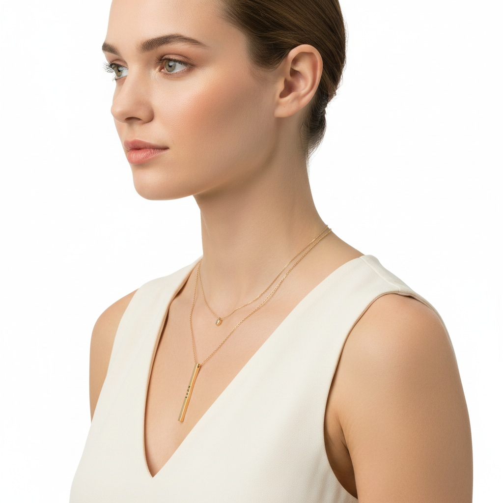 Woman wearing gold HOPE engraved vertical bar necklace, side profile, white background