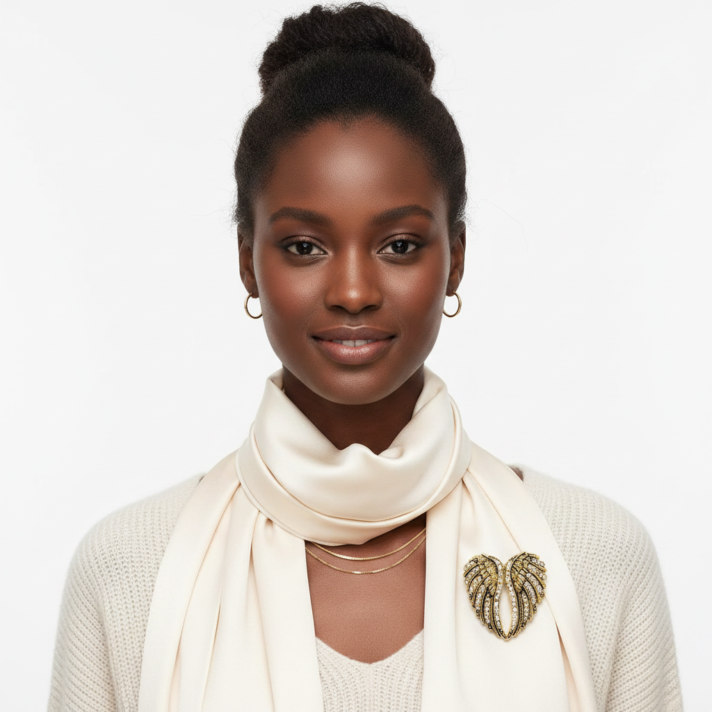 Black woman wearing antique gold angel wings brooch on ivory scarf