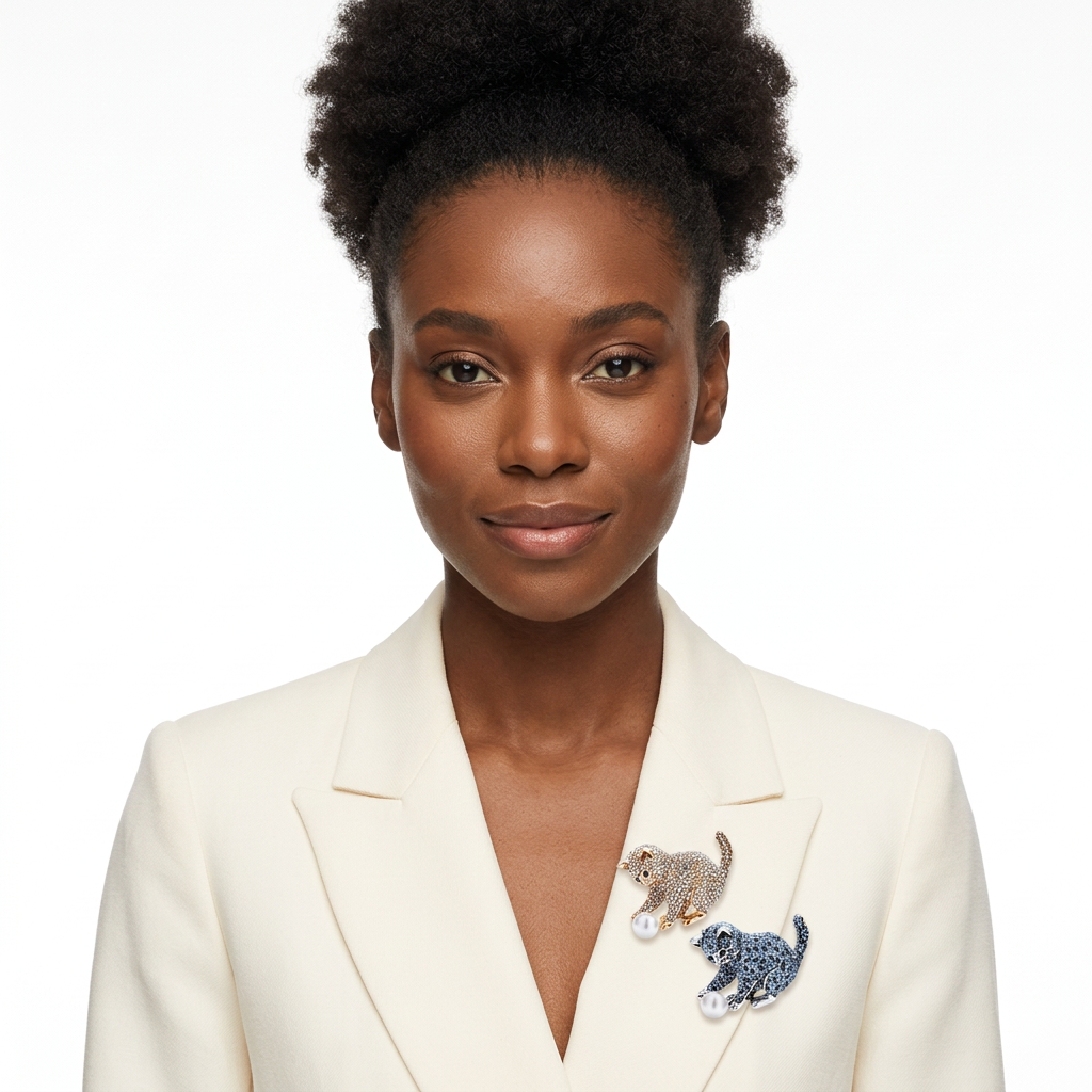 Kitten brooch set worn on an ivory blazer