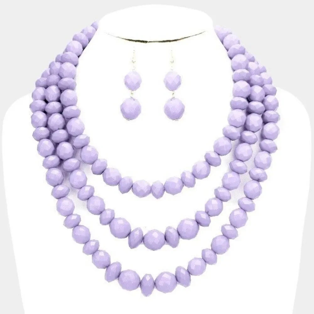 Triple Strand Lavender Beaded Bib Necklace & Earrings Set | Chunky Layered Statement Jewelry