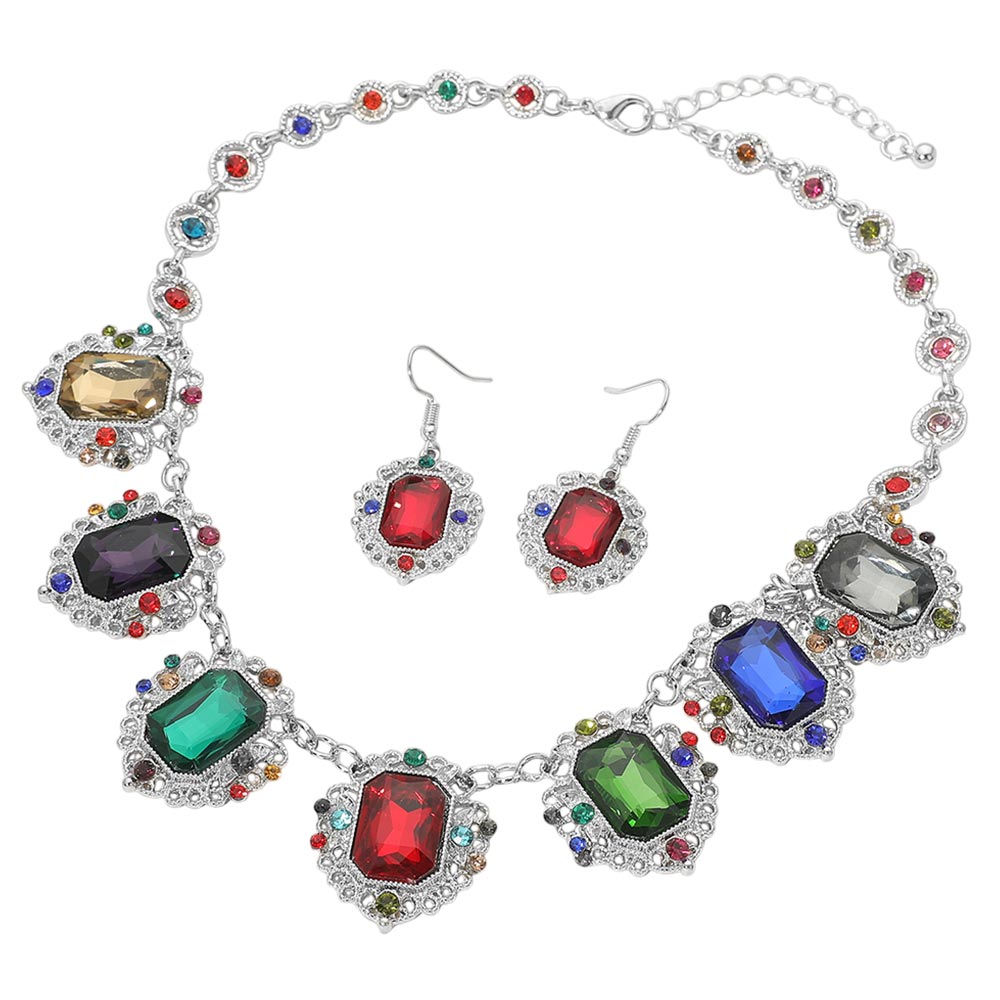 Victorian Style Rectangle Stone Cluster Link Station Necklace Vintage Inspired Statement Jewelry