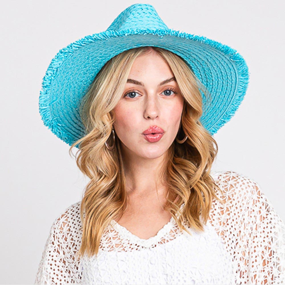 Frayed Edge Solid Straw Sun Hat Wide Brim Beach & Travel Packable Hats