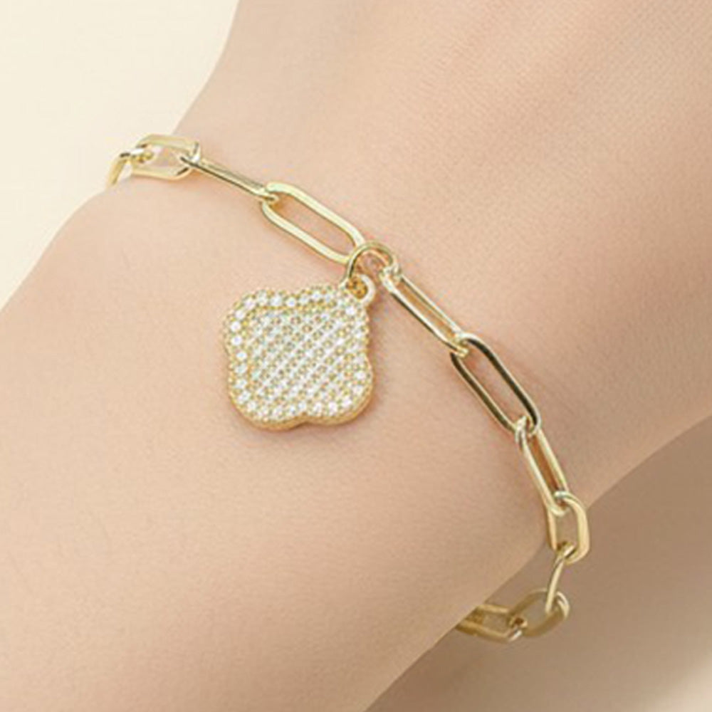 Stainless Steel Quatrefoil Charm Paperclip Chain Bracelet Rhinestone Pavé Stackable Minimalist Jewelry