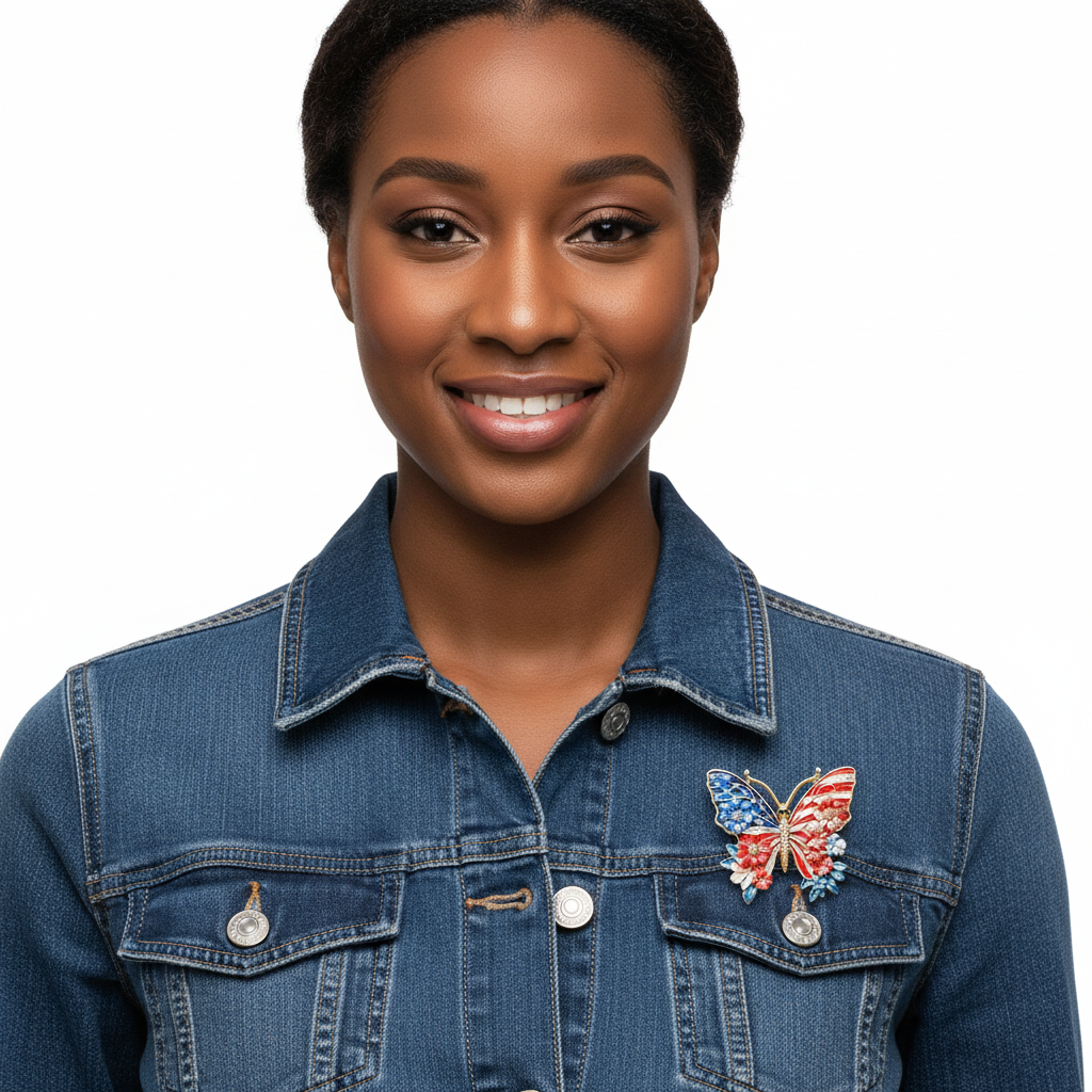 Patriotic Butterfly Brooch – Front View on Denim Jacket