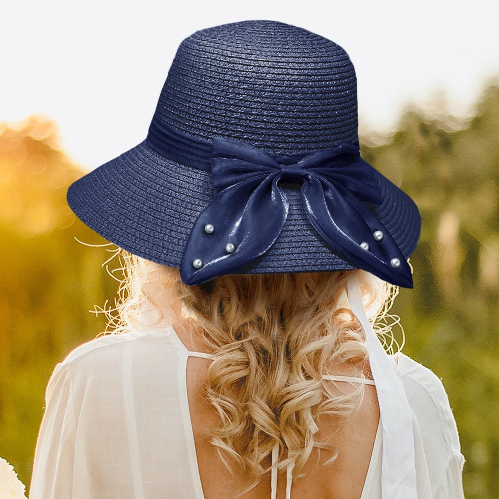 Pearl Adorned Bow Straw Sun Hat - Hautefull